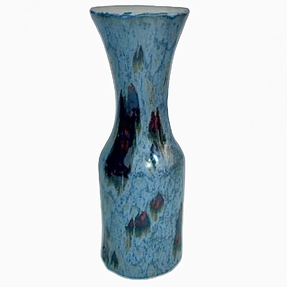 BLUE CERAMIC HANDMADE VASE • RED/GOLD/NAVY ACCENTS • 9.75” x 3”
